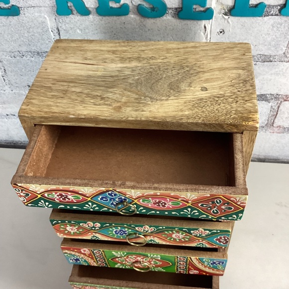 Wooden Handmade Hand-Painted 5-Drawer Chest Rainbow Embossed Work, India - Picture 4 of 12